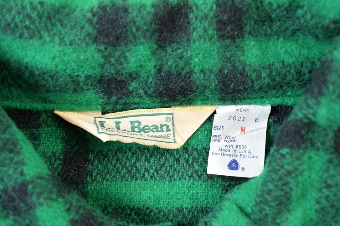 Vintage 1980s LL Bean Green Buffalo Plaid Wool Button Up Shirt