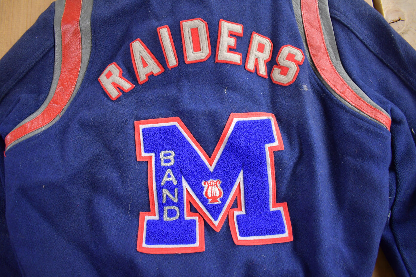 Vintage 1980s M Band Raiders Wool Varsity Jacket / Patchwork / Streetwear / Embroidered / Women's Jacket