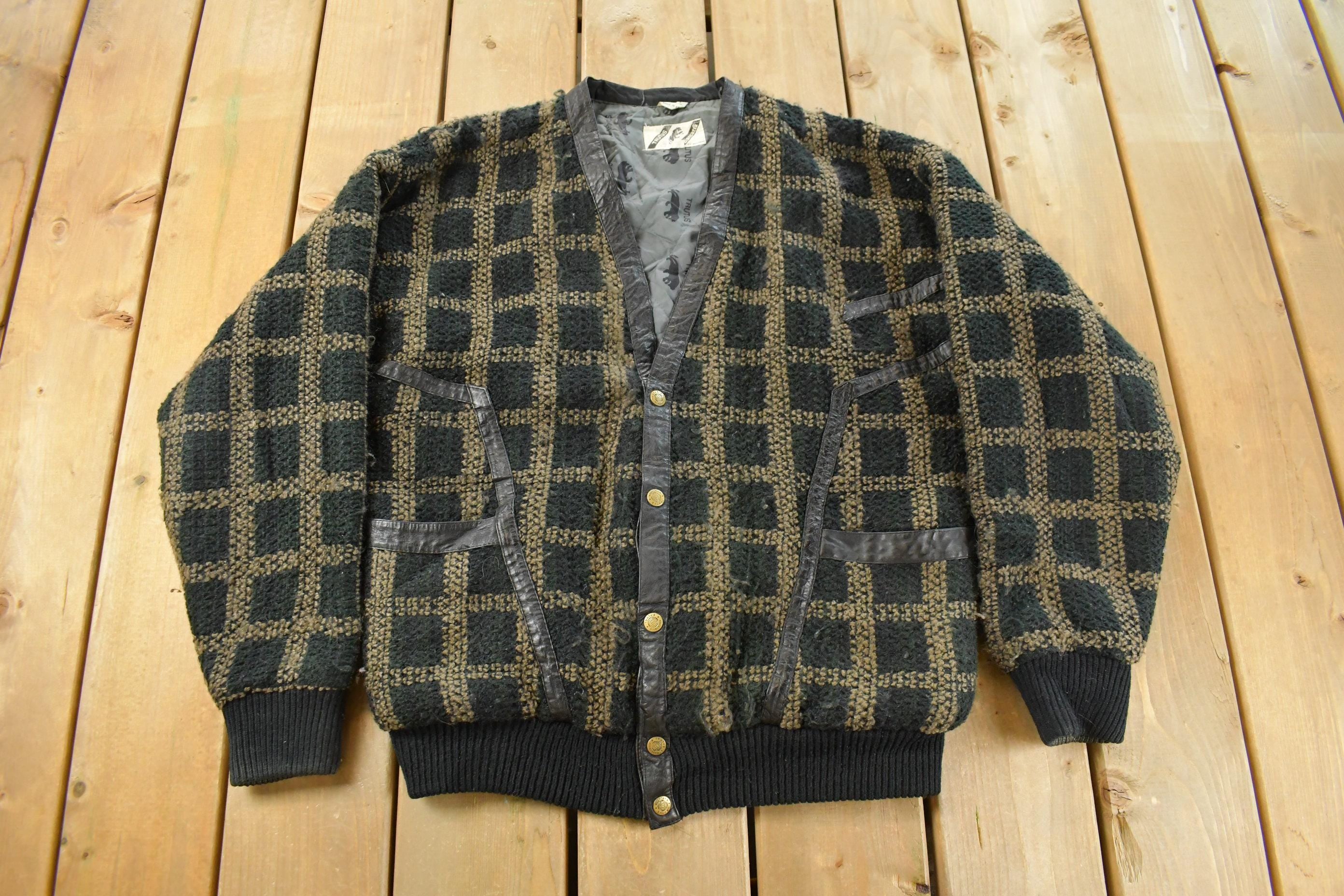 Vintage 1980s Trutus Biancaria Insulated Knit Cardigan Sweater Jacket Men's Small