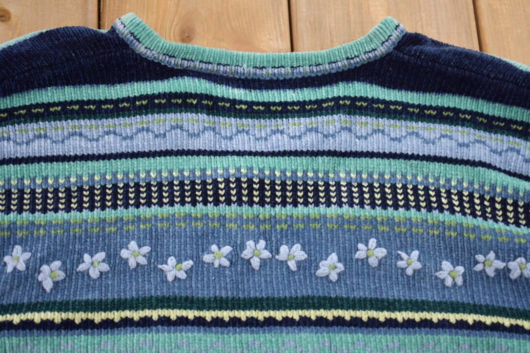 Vintage 1990s Blues Stag Knitted Patchwork Ladies Sweater