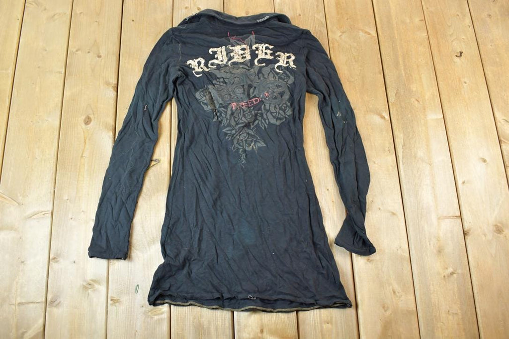 Women Vintage Vigoss Y2K Freedom Rider Button Up T-Shirt / Vigoss Grunge Skull Print / Contrast Stitch / Internet Famous Clothing