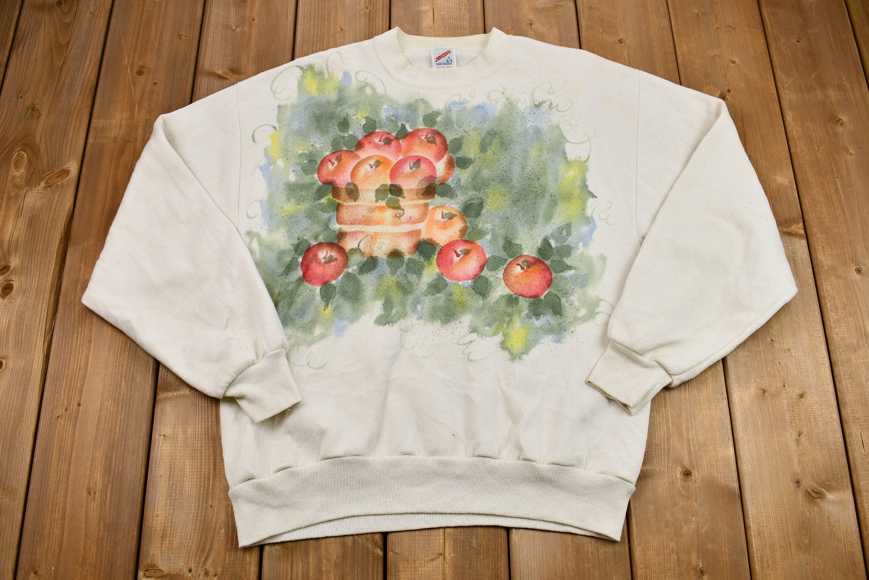 Vintage 1990s Basket of Apples Watercolor Graphic Crewneck Sweatshirt