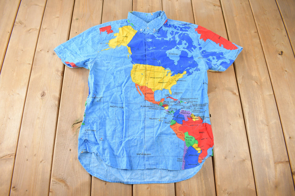 Vintage 1990s Planet Earth Map Graphic All Over Print Button Up Shirt