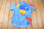 Vintage 1990s Planet Earth Map Graphic All Over Print Button Up Shirt