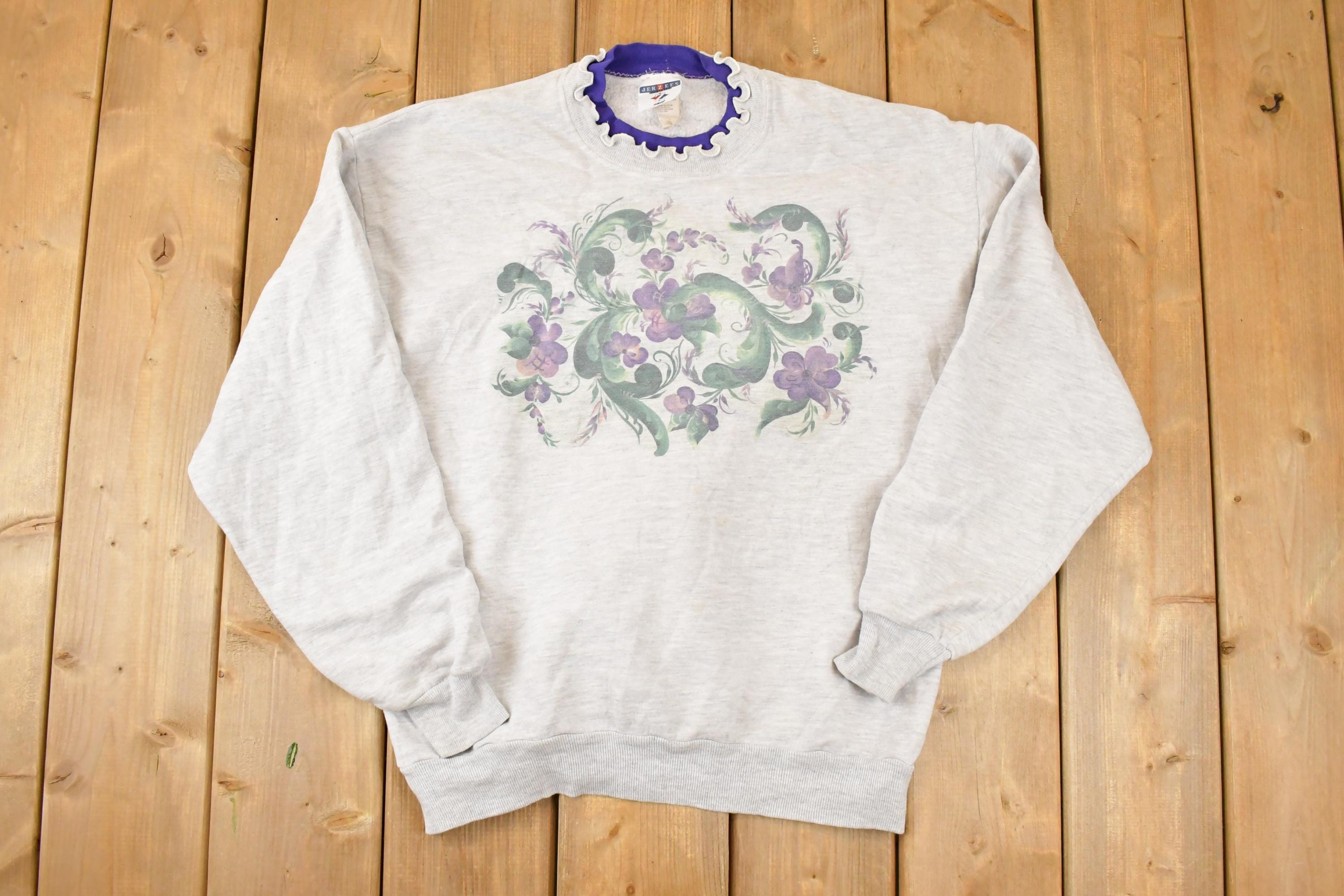 Vintage 1990s Frill Double Collar Floral Graphic Print Crewneck Sweatshirt Womens L
