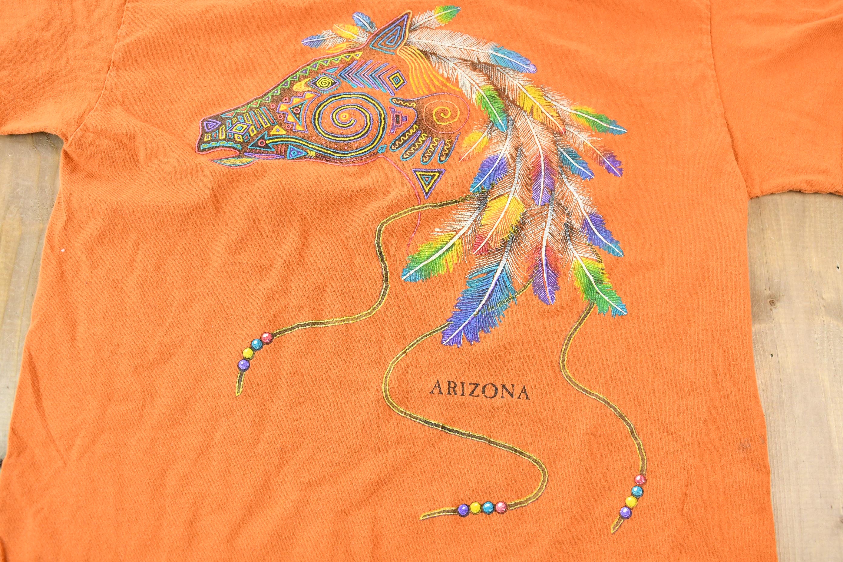 Vintage 1990s Orange Souvenir Arizona USA Feather and Bead Horse Travel T-Shirt