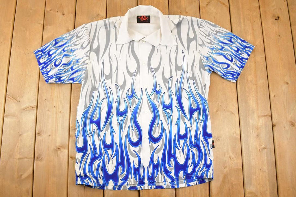Vintage 1990s Flames AOP Rock Button Up Shirt Men's XL / Fire Pattern / Rock Style / Boxy Fit