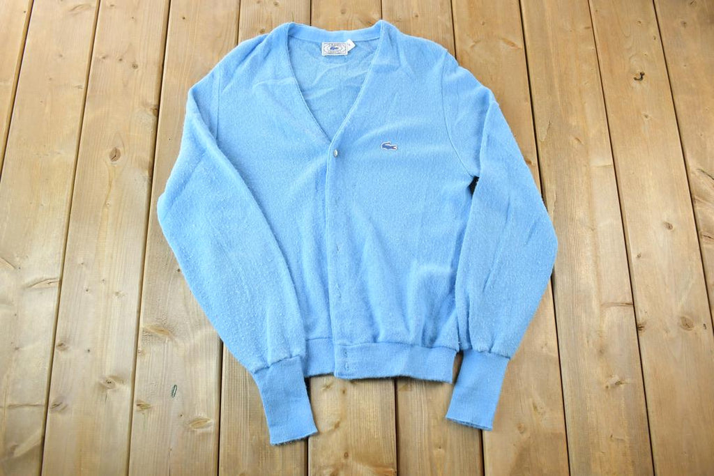 Vintage 1970s Izod Lacoste Rare Blue Croc Knit Perfect Mild Distress Cardigan Sweater Made In USA