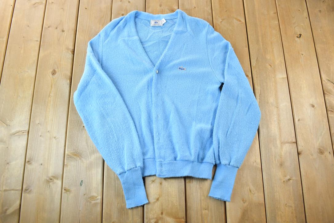 Vintage 1970s Izod Lacoste Rare Blue Croc Knit Perfect Mild Distress Cardigan Sweater Made In USA