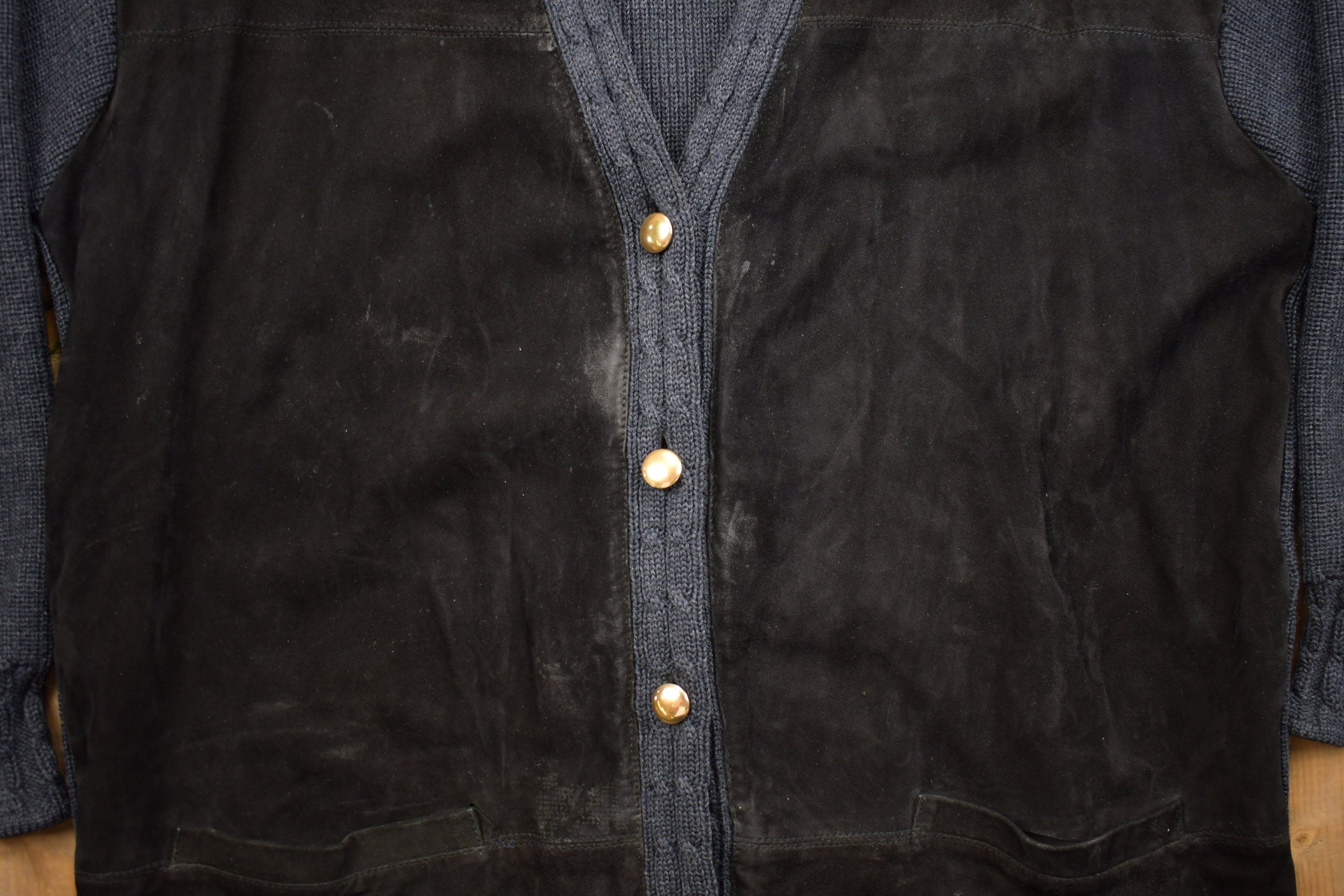 Vintage 1980s Giacomo Firenze Suede Leather Knit Cardigan Sweater