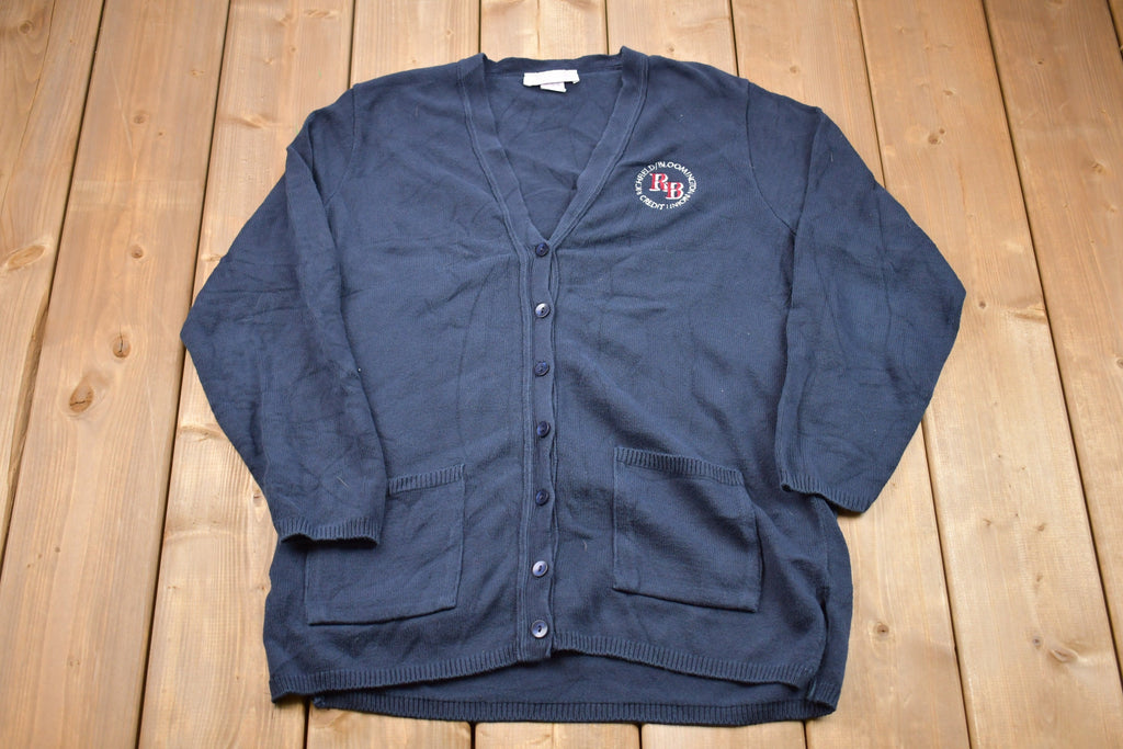 Vintage 1990s Credit Union Embroidered Logo Knit Cardigan