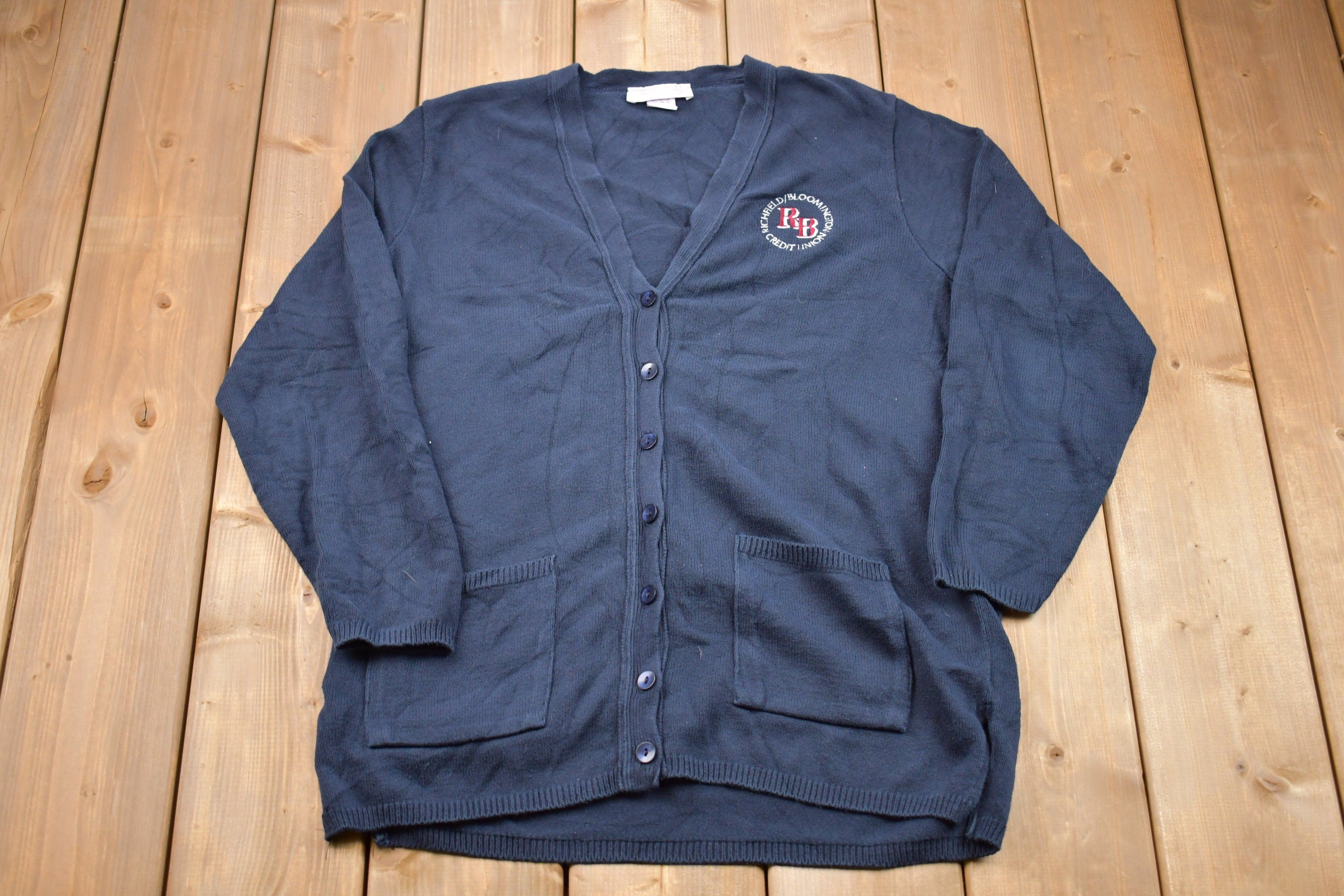 Vintage 1990s Credit Union Embroidered Logo Knit Cardigan