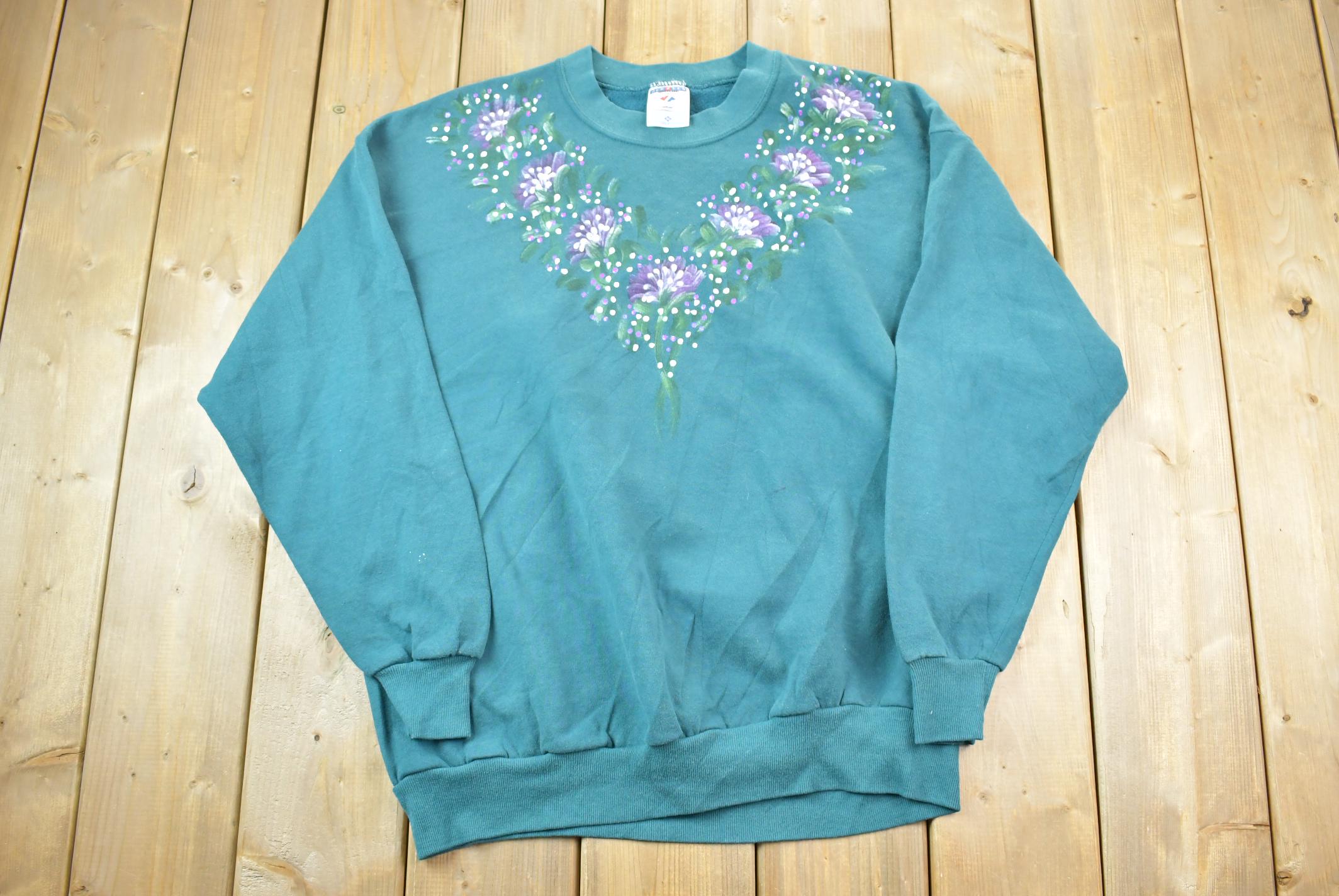 Vintage 1990s Jerzeez Hand Painted Floral Cute Crewneck Sweater