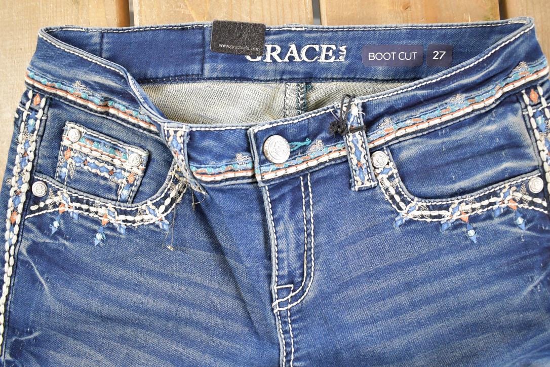 Vintage Deadstock Y2K Grace In LA Hippy Embroidered Bootcut Low Rise Skinny Jeans Women's Size 27 x 32
