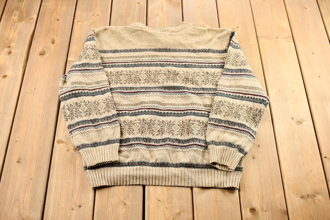 Vintage 1990s Falls Creek Striped Winter Pattern Knit Crewneck Sweater