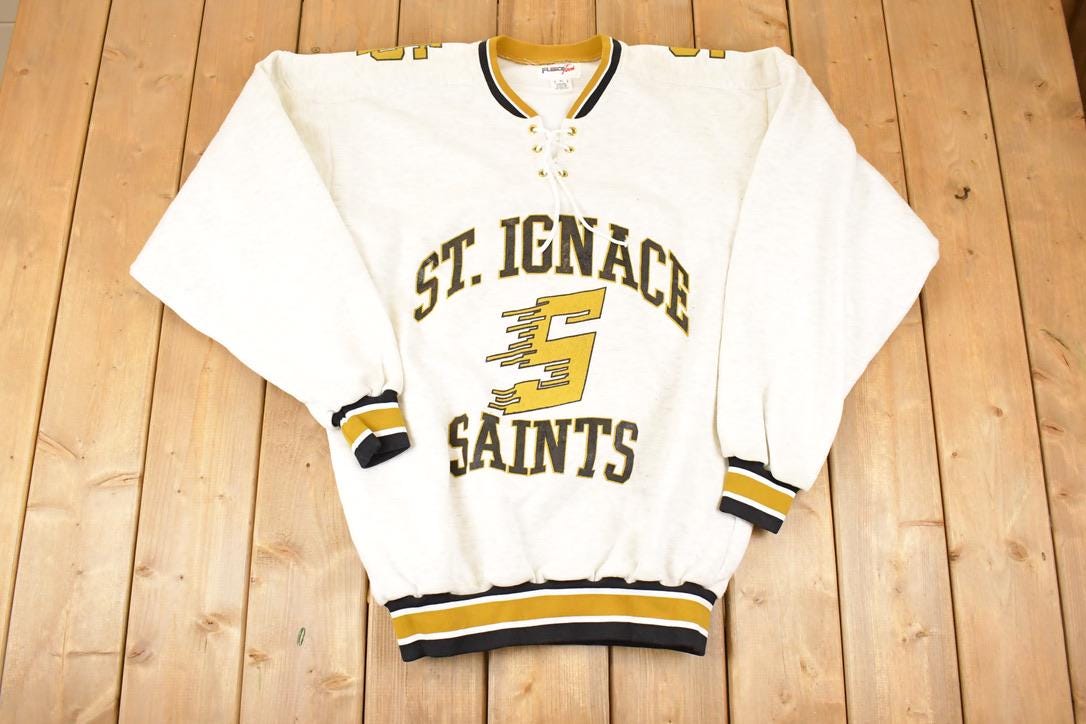 Vintage 1990s Fleece Tech St Ignace Saints University Tie Up Crewneck Sweater Men's XL