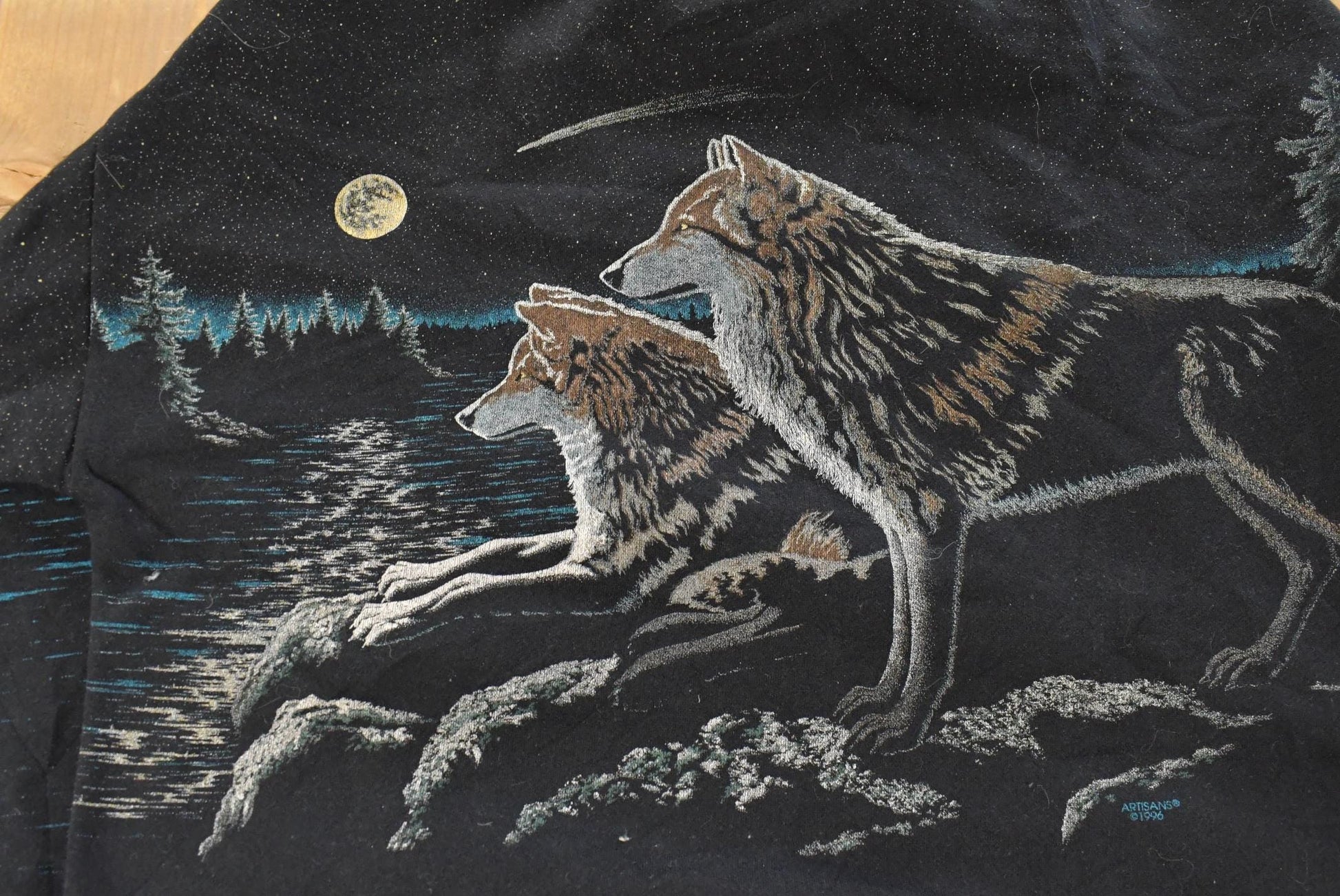 Vintage 1990s Artisans Wolf Graphic Henley Crewneck Sweatshirt Mens Large