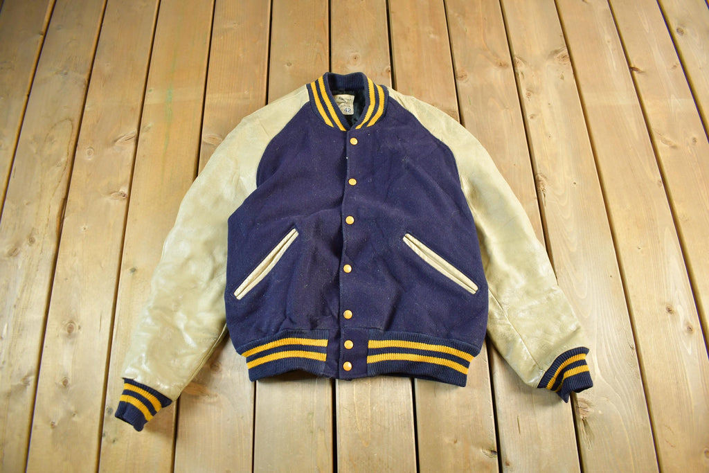 Vintage 1970s Wool Letterman Jacket: Leather Sleeves, Size 42