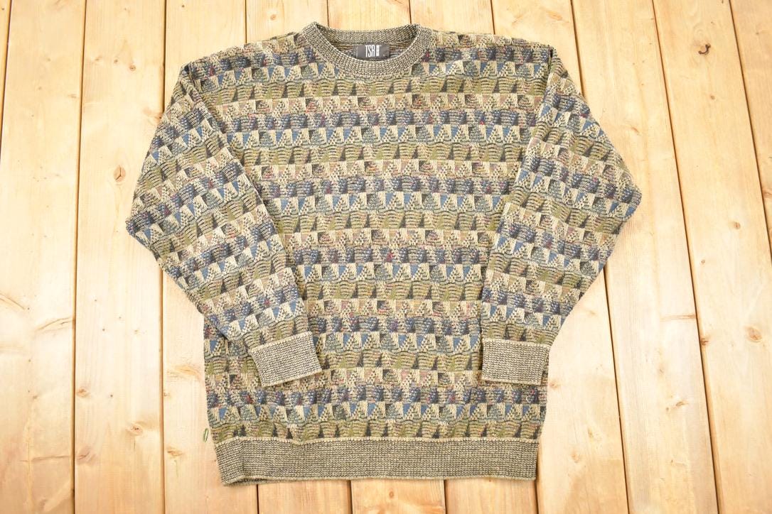 Vintage 1990s TSR Knit Abstract Print Crewneck Sweater Men's L