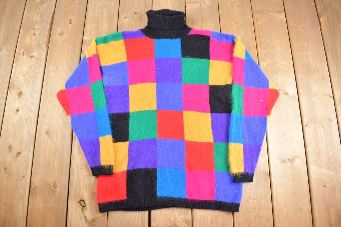 Vintage 1980s Variations Rainbow Checker Knit Sweater / 80s Turtle Neck / Lambs Wool / Angora Rabbit / Sweatshirt / 80s Fuzzy Knit Sweater