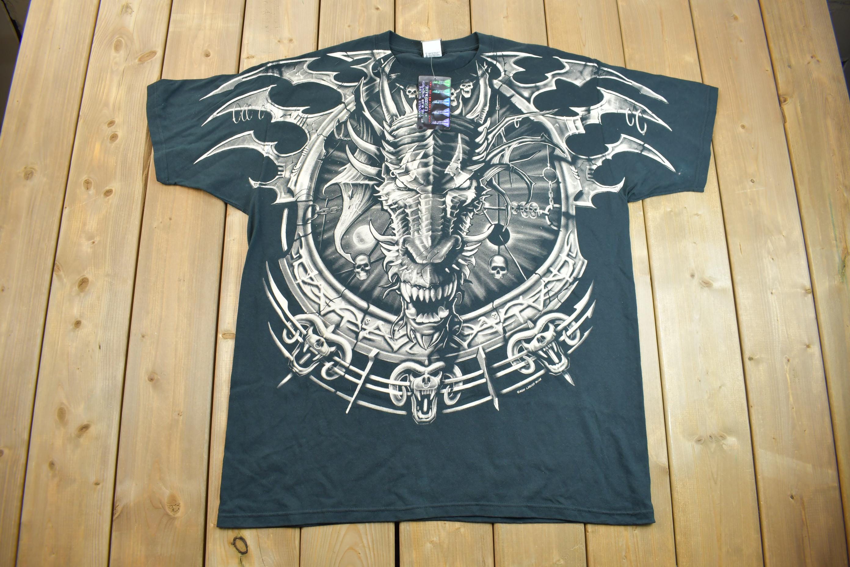 Vintage 2001 Deadstock Liquid Blue Dragon Wizard Big Graphic T-Shirt