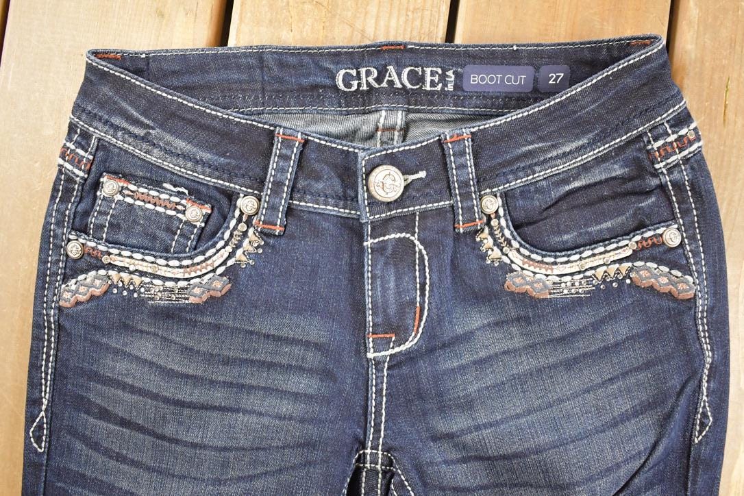 Vintage Deadstock Y2K Grace In LA Bedazzled Low Rise Jeans Women's Size 27 x 32