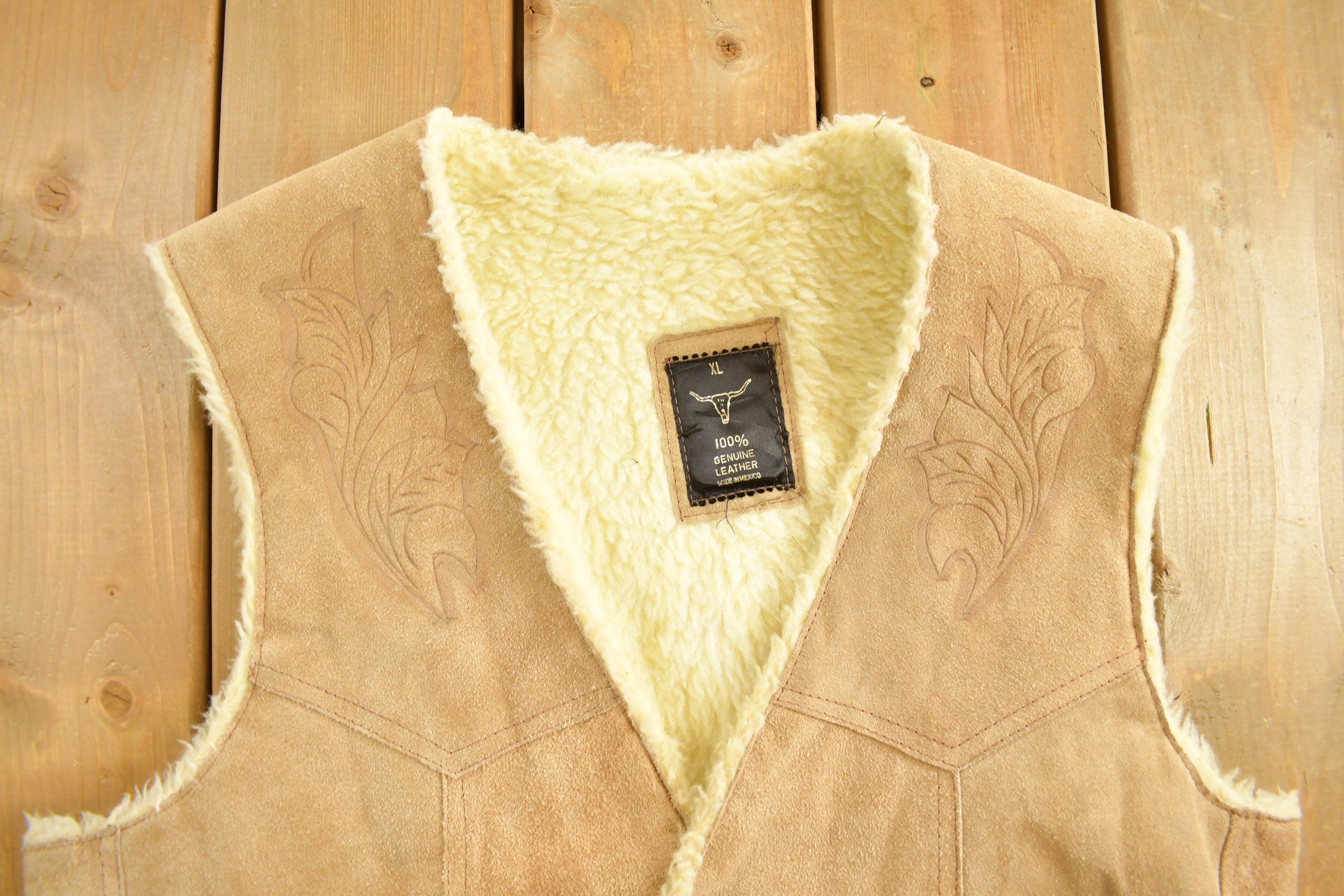Vintage 1990s Leather Horse Western Sherpa Vest
