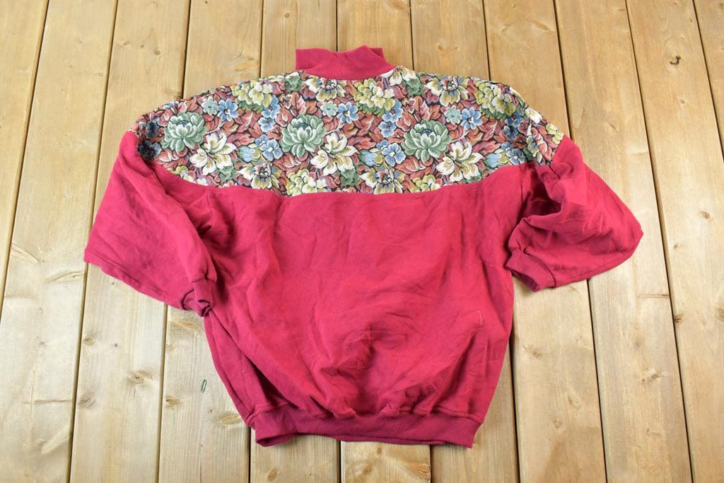 Vintage 1990s Euro Joy Floral Embroidered Quarter Zip Crewneck Sweatshirt