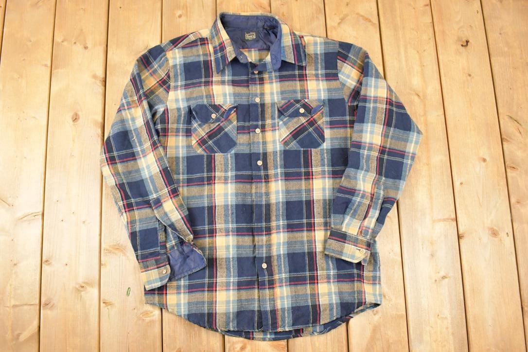 Vintage 1980s Sears Plaid Lined Button Up Shirt Men's L