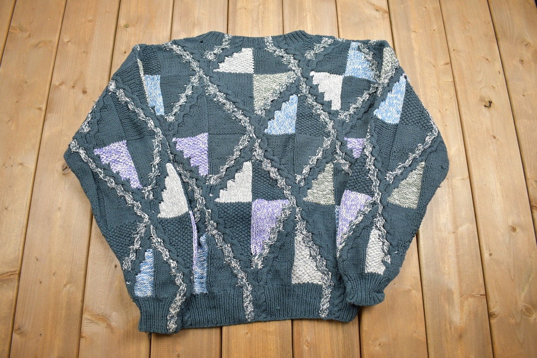 Vintage 1990s 3D Colored Hand Knit Crewneck Sweater / Vintage 90s Crewneck / Abstract Patterns / Streetwear
