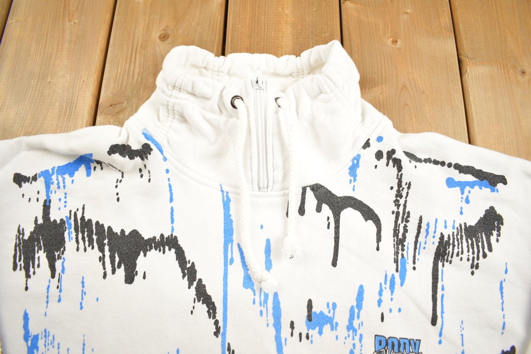 Vintage 1990s Body Sweats Paint Splatter Design Quarter Zip Collared Sweatshirt
