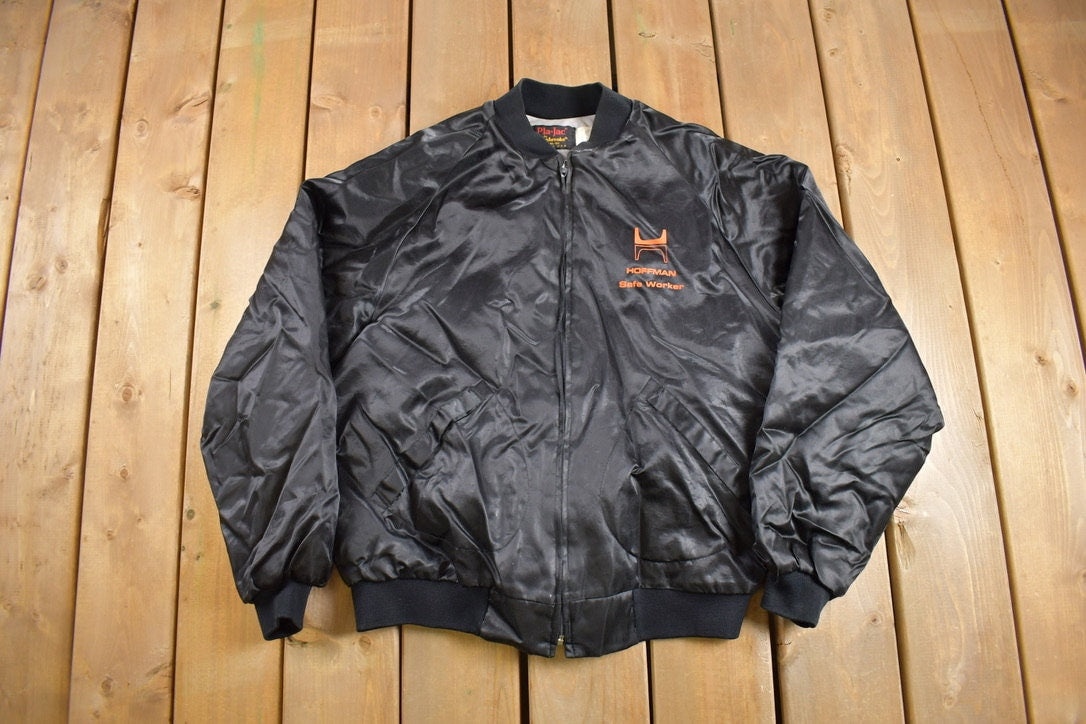 Vintage 1980s Pla-Jac by Dunbrooke Satin Bomber Jacket / Black / Hoffman / Snap Button / Streetwear / Souvenir Jacket / Made In USA