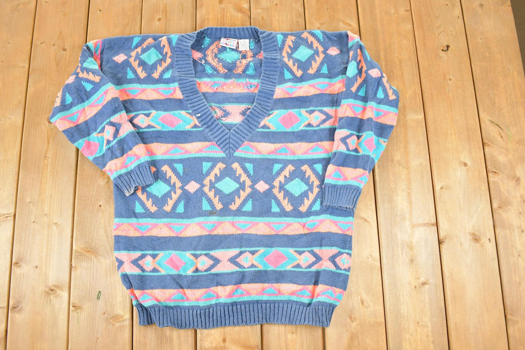 Vintage 1990s Nuovo Knit Abstract Pattern Deep V Sweater Women's XL / 90s Knit Crewneck / Vintage Preppy Knits