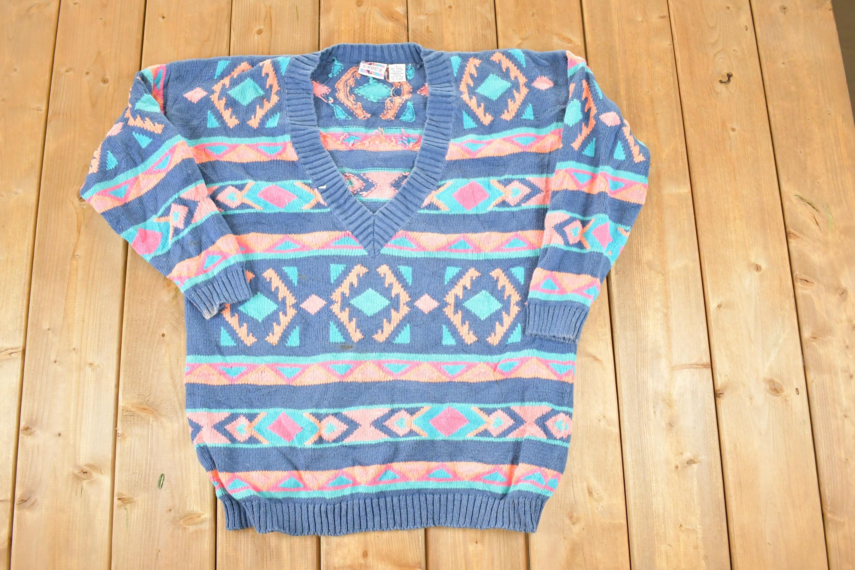 Vintage 1990s Nuovo Knit Abstract Pattern Deep V Sweater Women's XL / 90s Knit Crewneck / Vintage Preppy Knits
