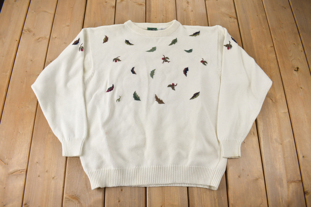 Vintage 1990s Northern Reflections Embroidered Leaves Knit Crewneck Sweater Made In Canada