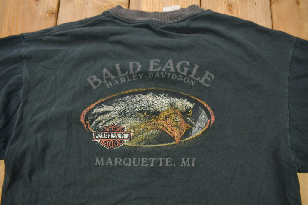 Vintage 1990s Bald Eagle Harley Davidson Marquette Michigan T-Shirt / Embroidered / Made In USA / Biker Tee / Souvenir T Shirt