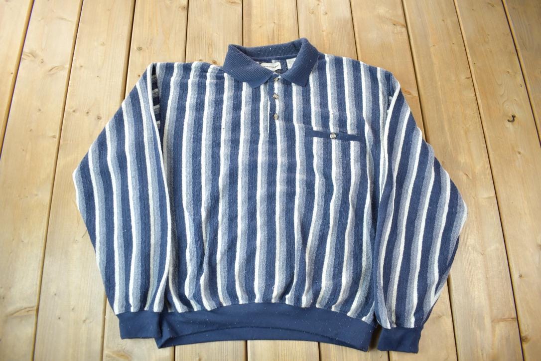 Vintage 1990s David Taylor Striped Knit Quarter Button Collared Sweater