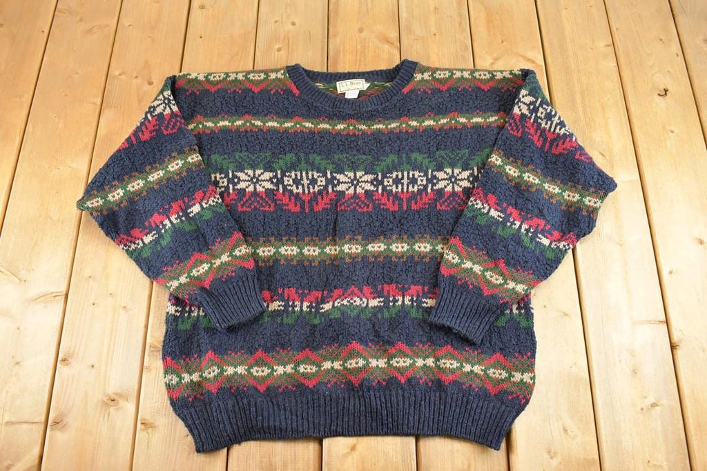 Vintage 1990s LL Bean Heavy Knit Crewneck Sweater Men's L / 90's Abstract Pattern 3D Knitted Sweatshirt