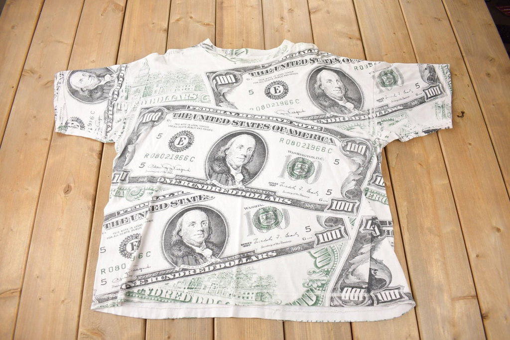 Vintage 1990 100 Dollar Bills All Over Print Single Stitch Graphic T Shirt Made In USA