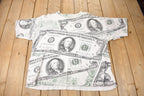 Vintage 1990 100 Dollar Bills All Over Print Single Stitch Graphic T Shirt Made In USA
