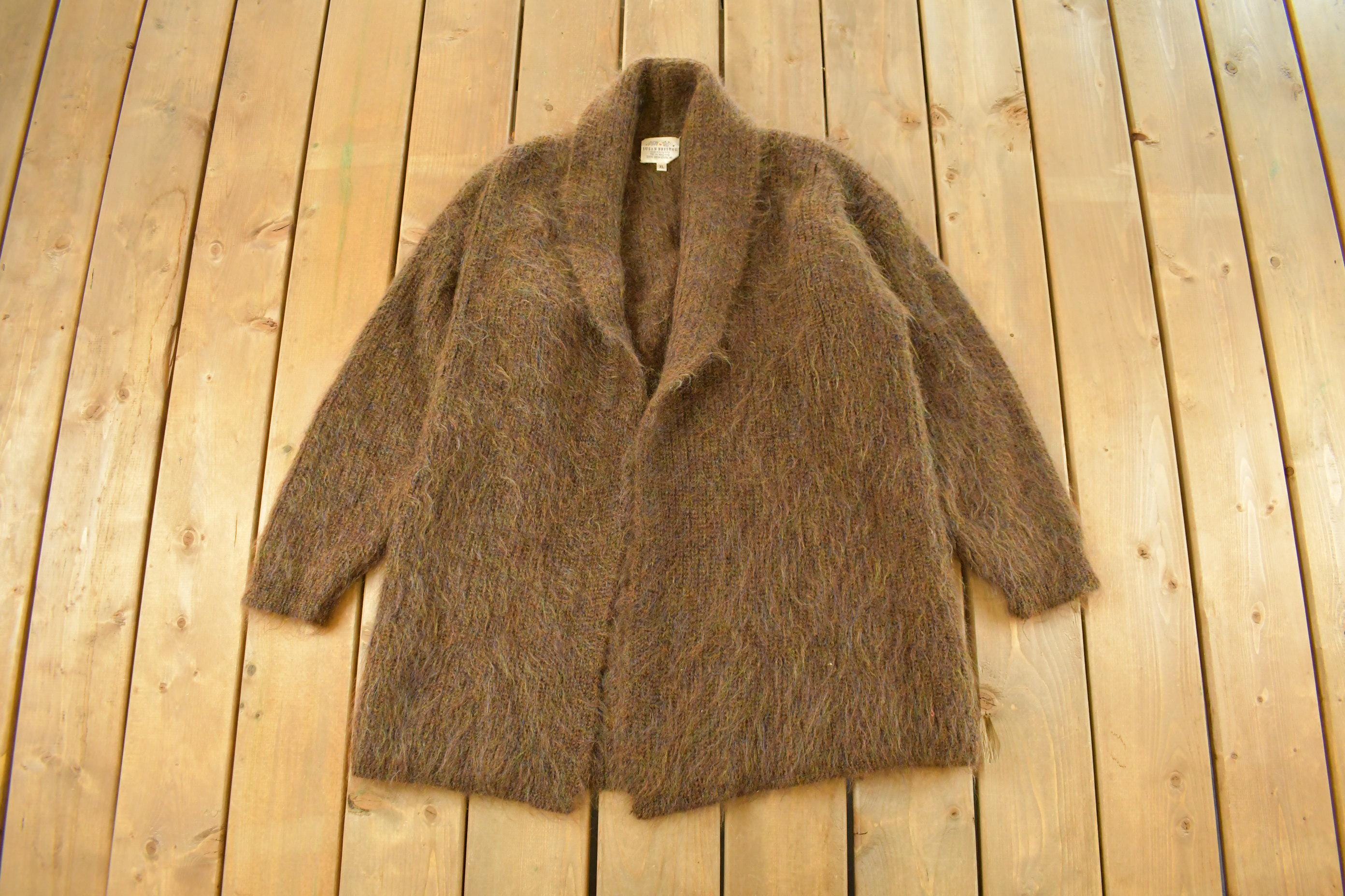 Vintage 1980s Susan Bristol Knit Cardigan Mohair Wool Sweater Women's XL