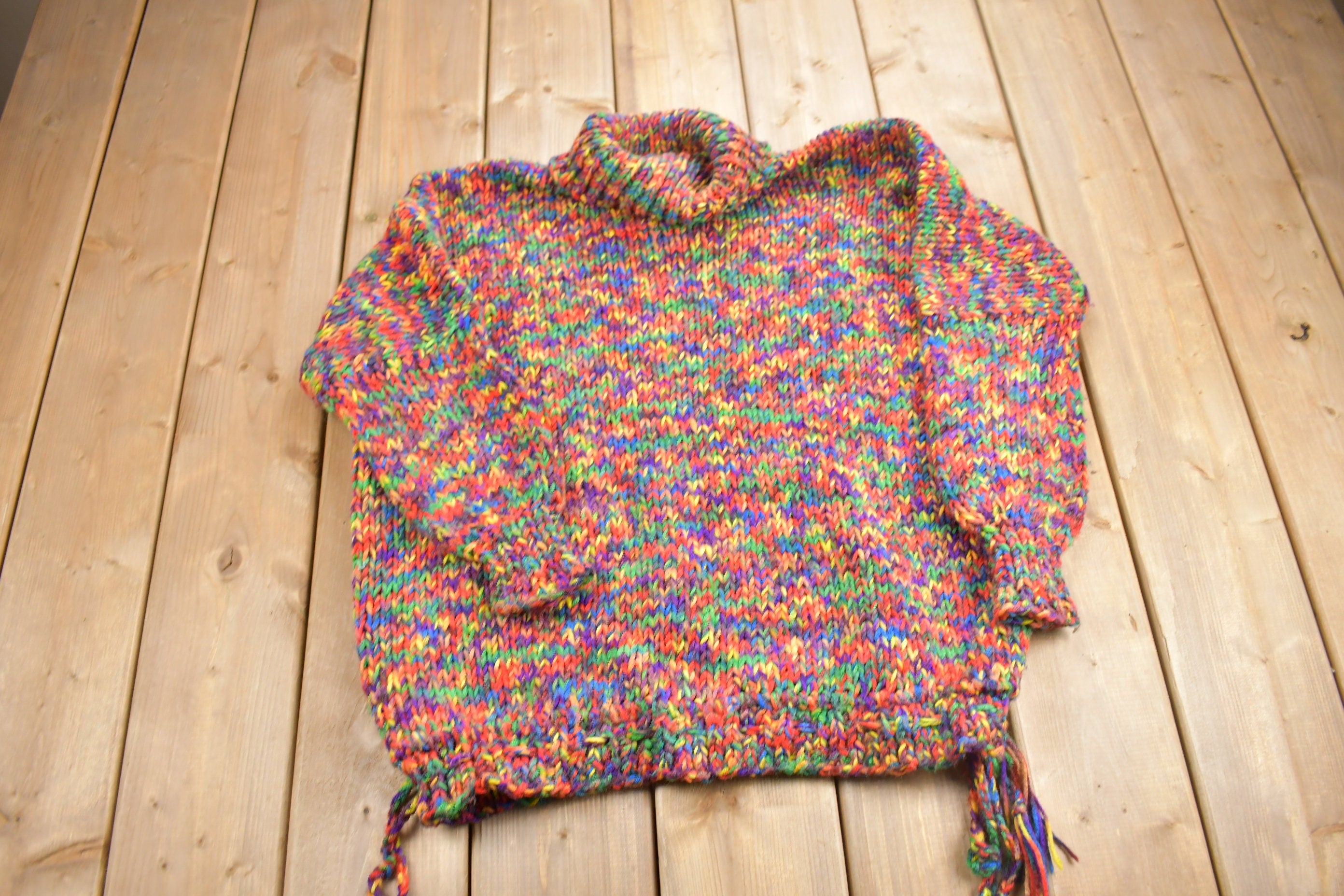 Vintage 1980s Rainbow Chunky Knit Turtleneck Sweater