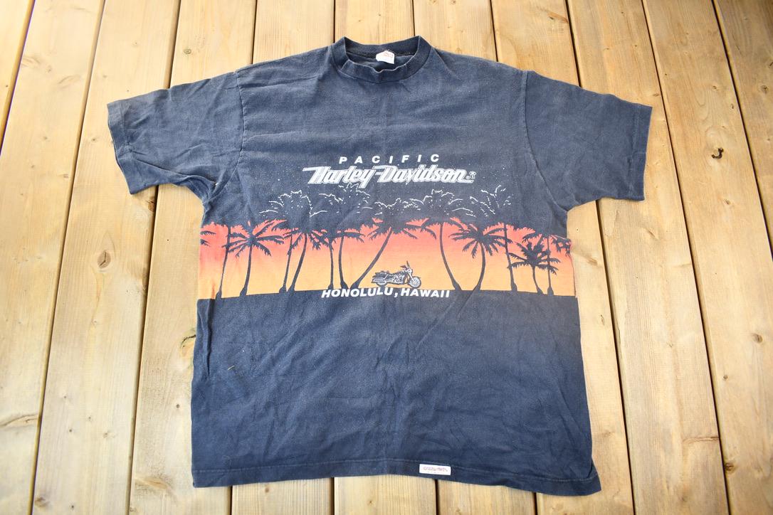 Vintage 1980s Harley Davidson Motorcycles Pacific Sunset Graphic T-Shirt