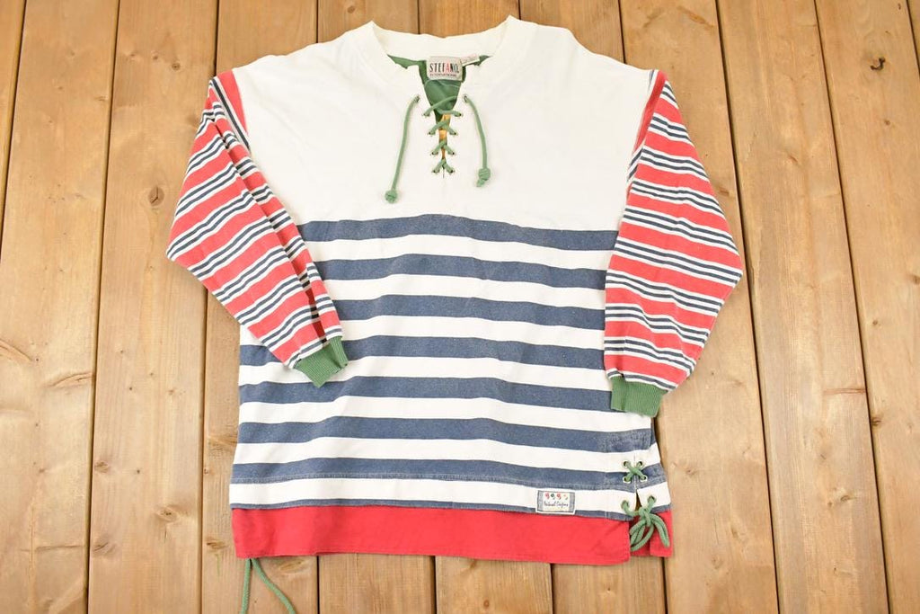 Vintage 1990s Stefani International Unique Striped Tie Up Crewneck Sweatshirt Mens M