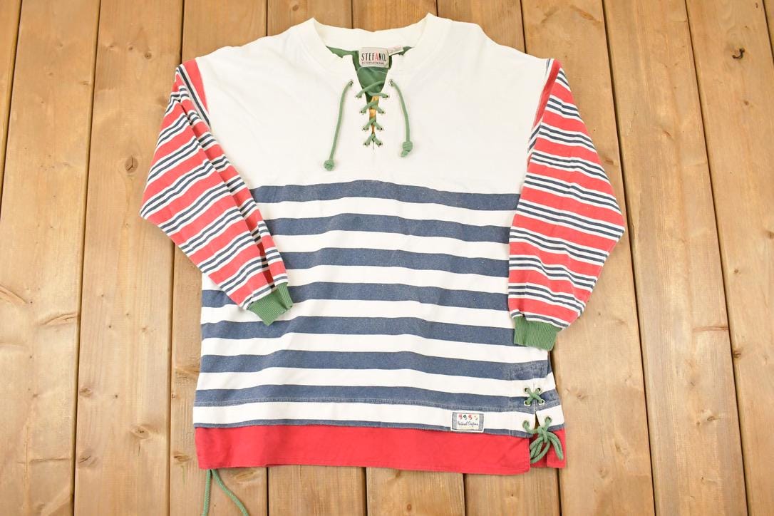 Vintage 1990s Stefani International Unique Striped Tie Up Crewneck Sweatshirt Mens M