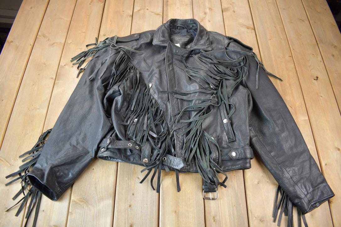 Vintage 1990s Pelle Cuir Leather Fringed Jacket