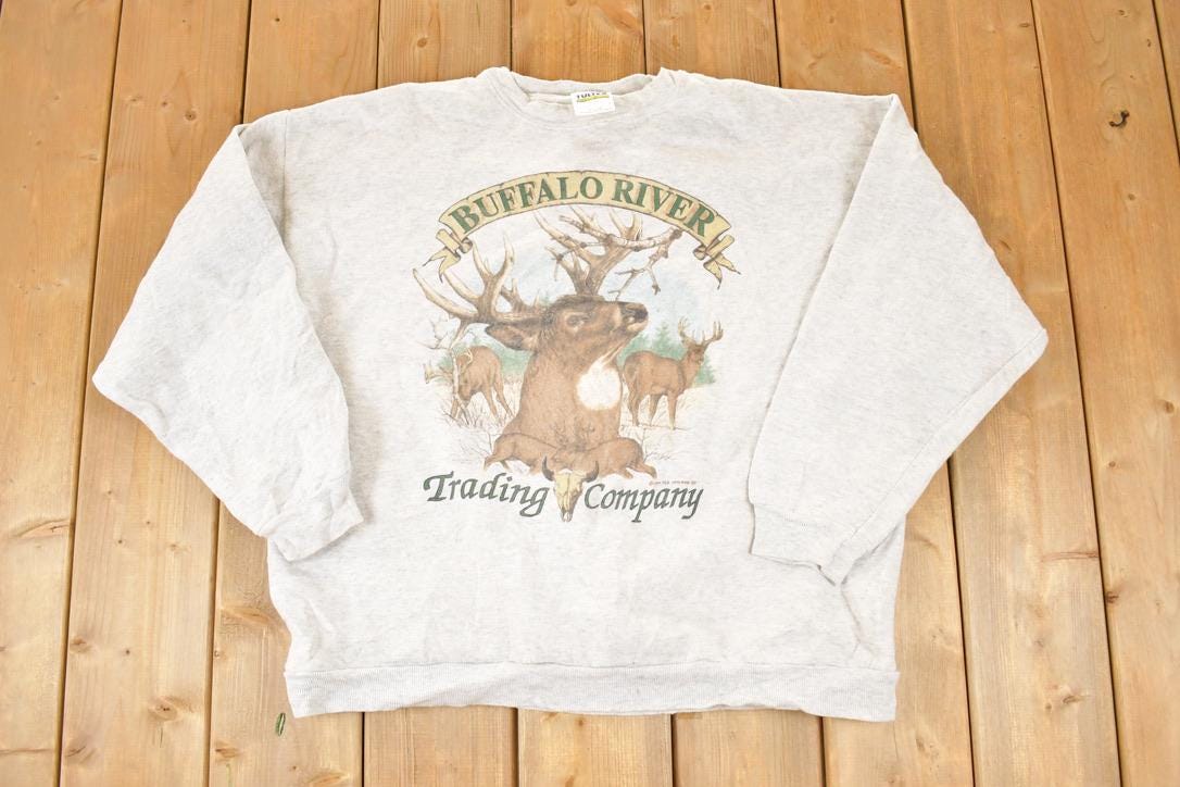 Vintage 1990s Buffalo River Big Buck Cartoon Outdoorsman Crewneck Sweatshirt Men's L