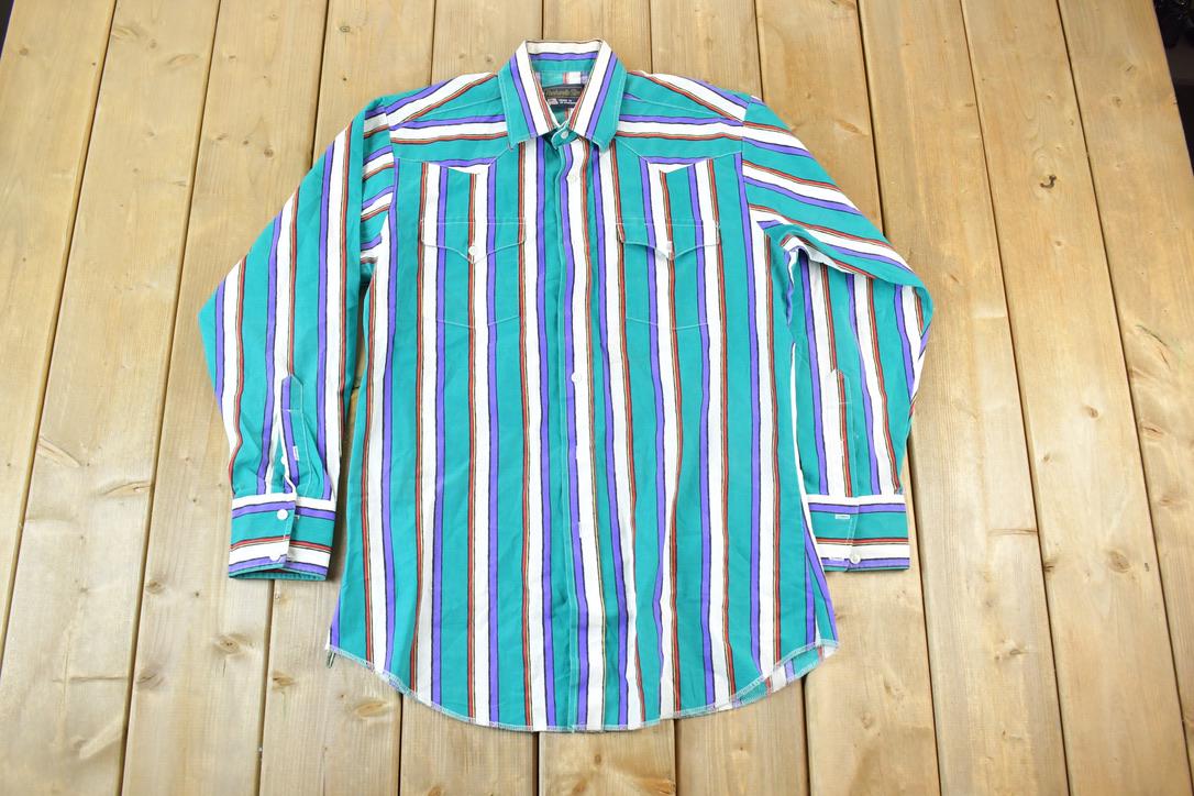 Vintage 1990s Panhandle Slim Striped Button Up Shirt / Vintage Flannel / Plaid Button Up / Cowboy Shirt / Preppy Button Up