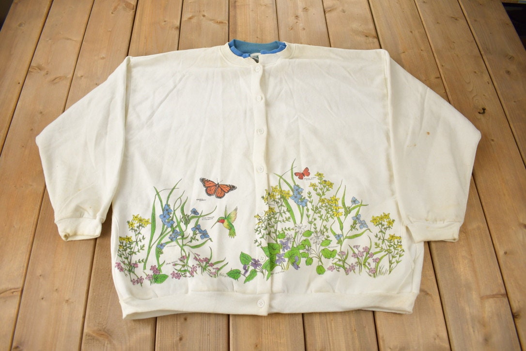 Vintage 1990s Artisans Butterfly Theme All Over Print Button Down Sweater Made In USA