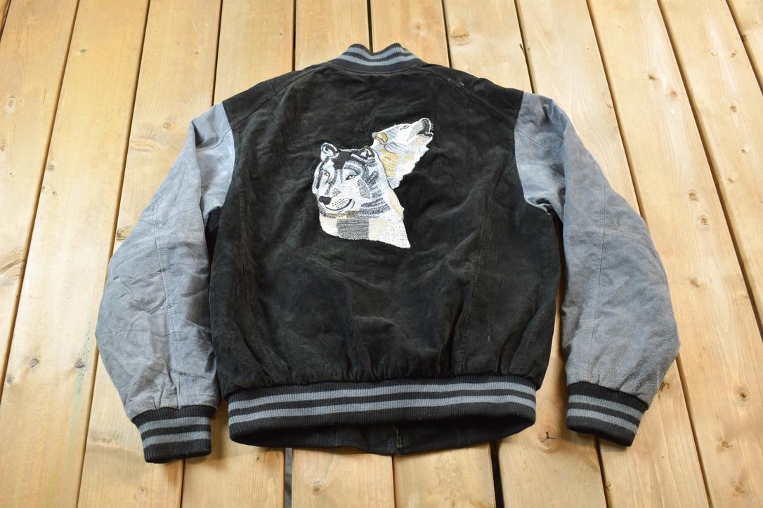 Vintage 1990s Wolf Themed Embroidered Suede Varsity Jacket